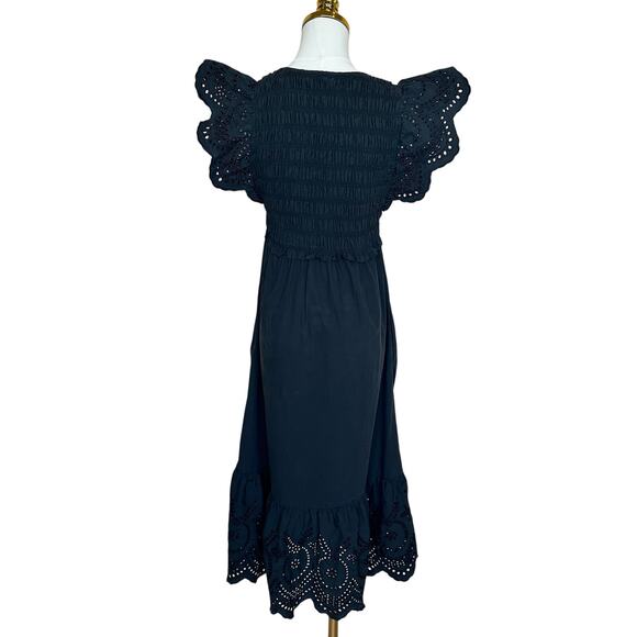 Rails Black Eyelet Midi Dress SMALL Smocked Cottage Ruffle Cotton Designer $268 - Picture 9 of 11